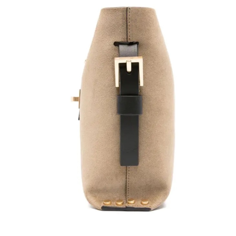 AllSaints Suede Crossbody Bucket Bag in Taupe with Black Strap - Picture 3 of 13